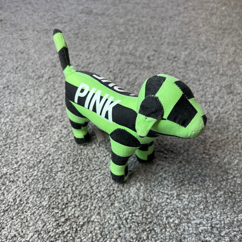 vtg y2k PINK Victoria's Secret Plush Dog Stuffed Animal Green Black Striped LOVE